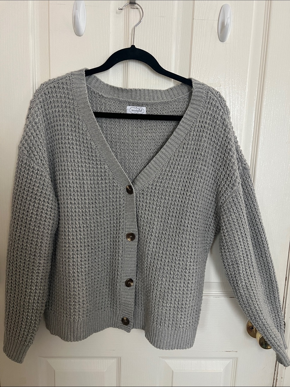 Mud Pie Gray Waffle Knit V-Neck Button Cardigan